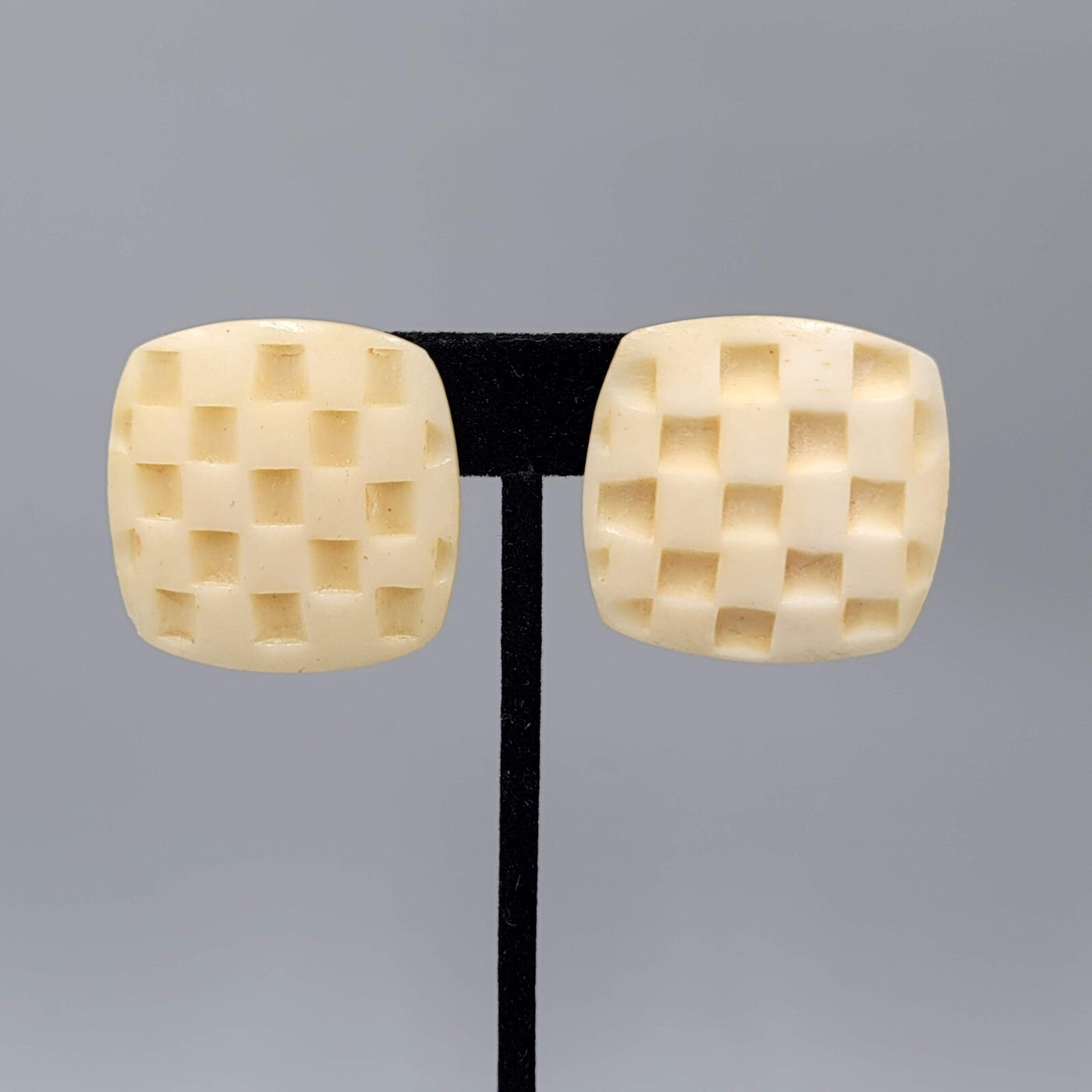 Vintage Clip on Earrings Hand Carved Checkered Square Drop 1.25"