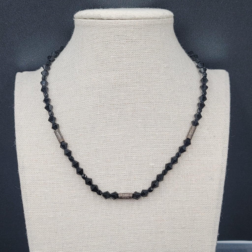 Vintage Necklace Black Rivoli Glass Beaded 16"