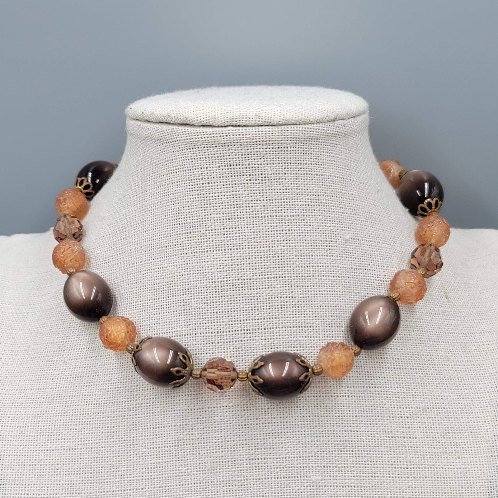 Vintage Lisner Necklace Brown Moon Glow Molded Beads Estate Jewelry 13"-16"