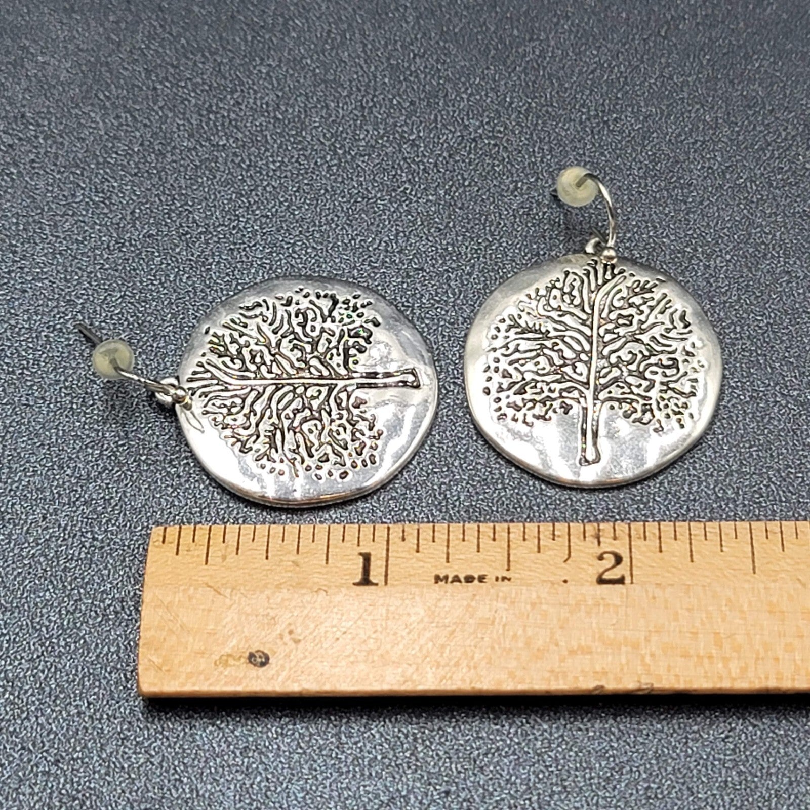 Pierced Earrings Silver tone Embossed Tree Round Dangle 1 1/8"