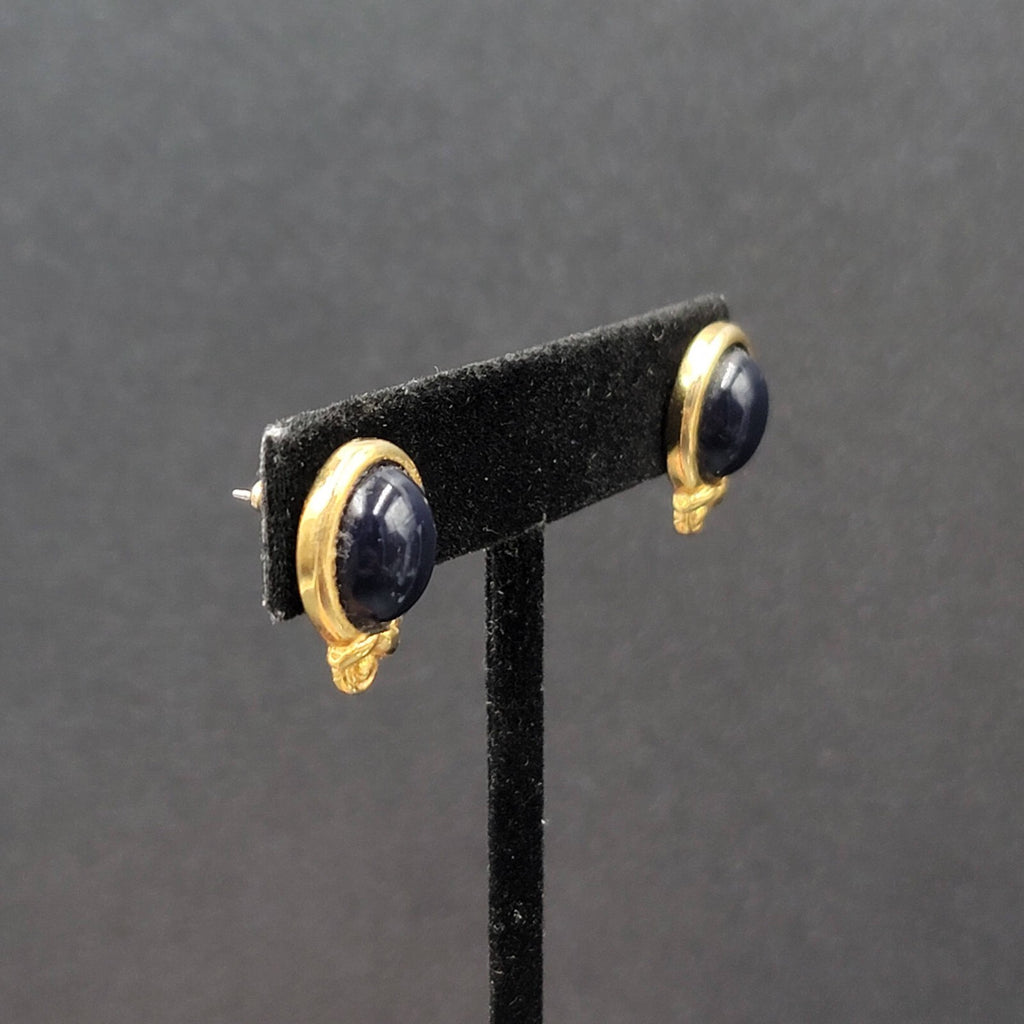 Vintage LCi Pierced Earrings Gold tone Blue Cabochon Studs 3/4"