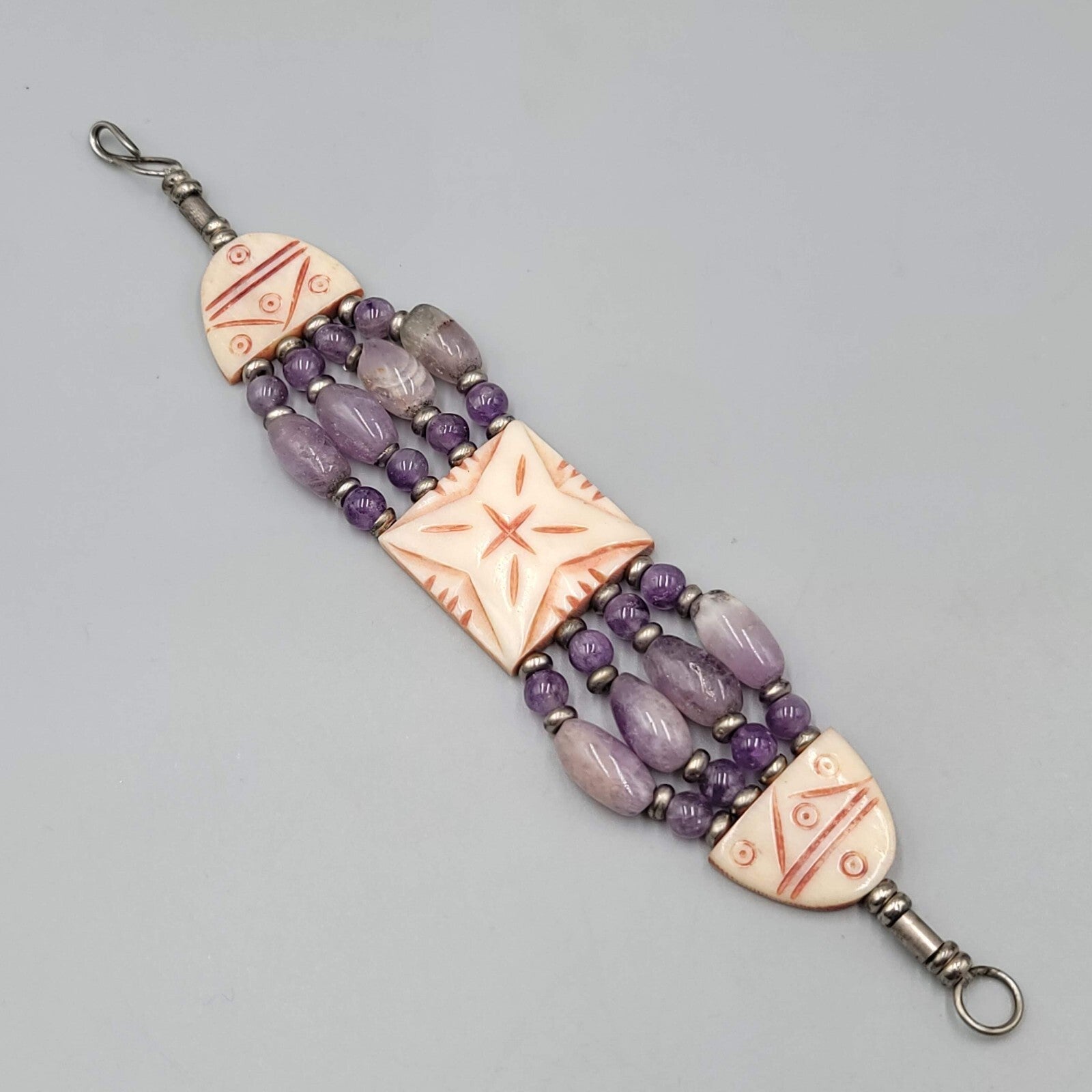India Bracelet Hand Carved and Purple Amethyst Beads Silver tone 7 in