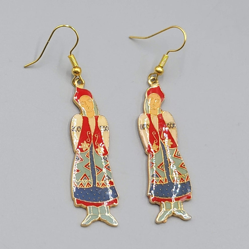 Vintage Pierced Earrings Russian Folk Dress Lady Woman Figure Dangle 2"