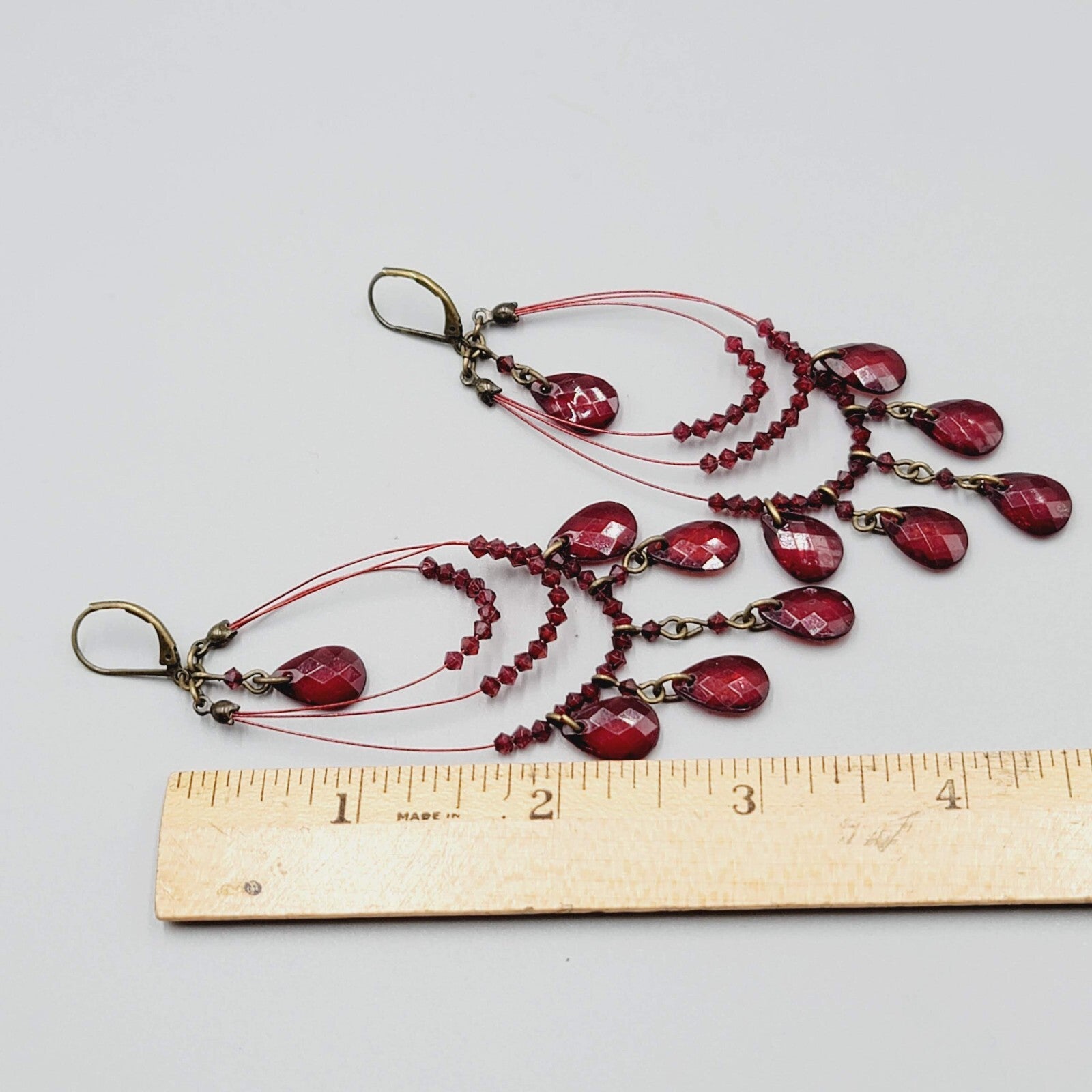 Red Bead Pierced Earrings Bronze tone Dangle Loops 3.5"