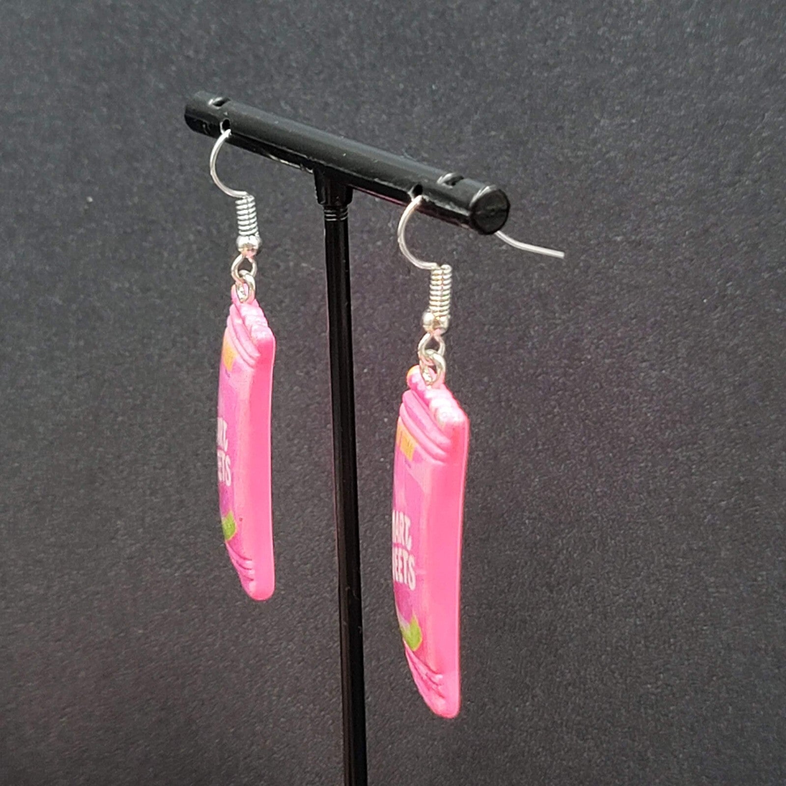 Smart Sweets Pierced Earrings Silver tone Candy Pink Dangle 1.25"