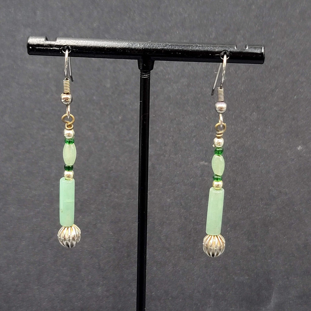 Pierced Earrings Silver tone Jade Beaded Long Thin Dangle  1.5"
