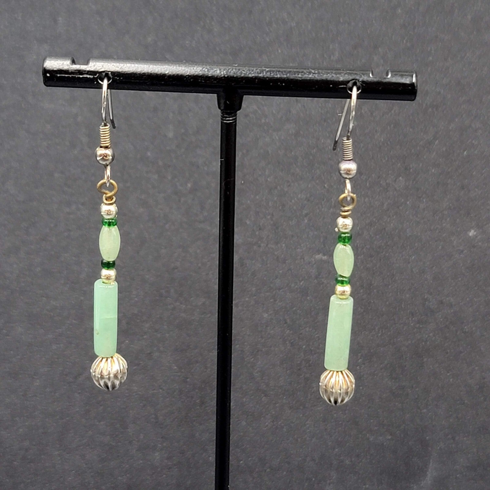 Pierced Earrings Silver tone Jade Beaded Long Thin Dangle  1.5"
