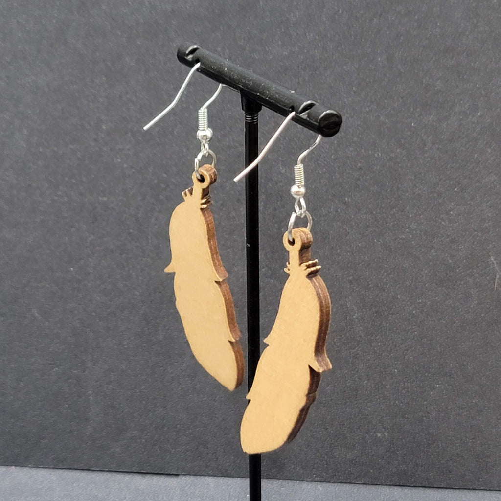 New Boho Pierced Earrings Wood Cut Feather Multicolor Dangle 2"
