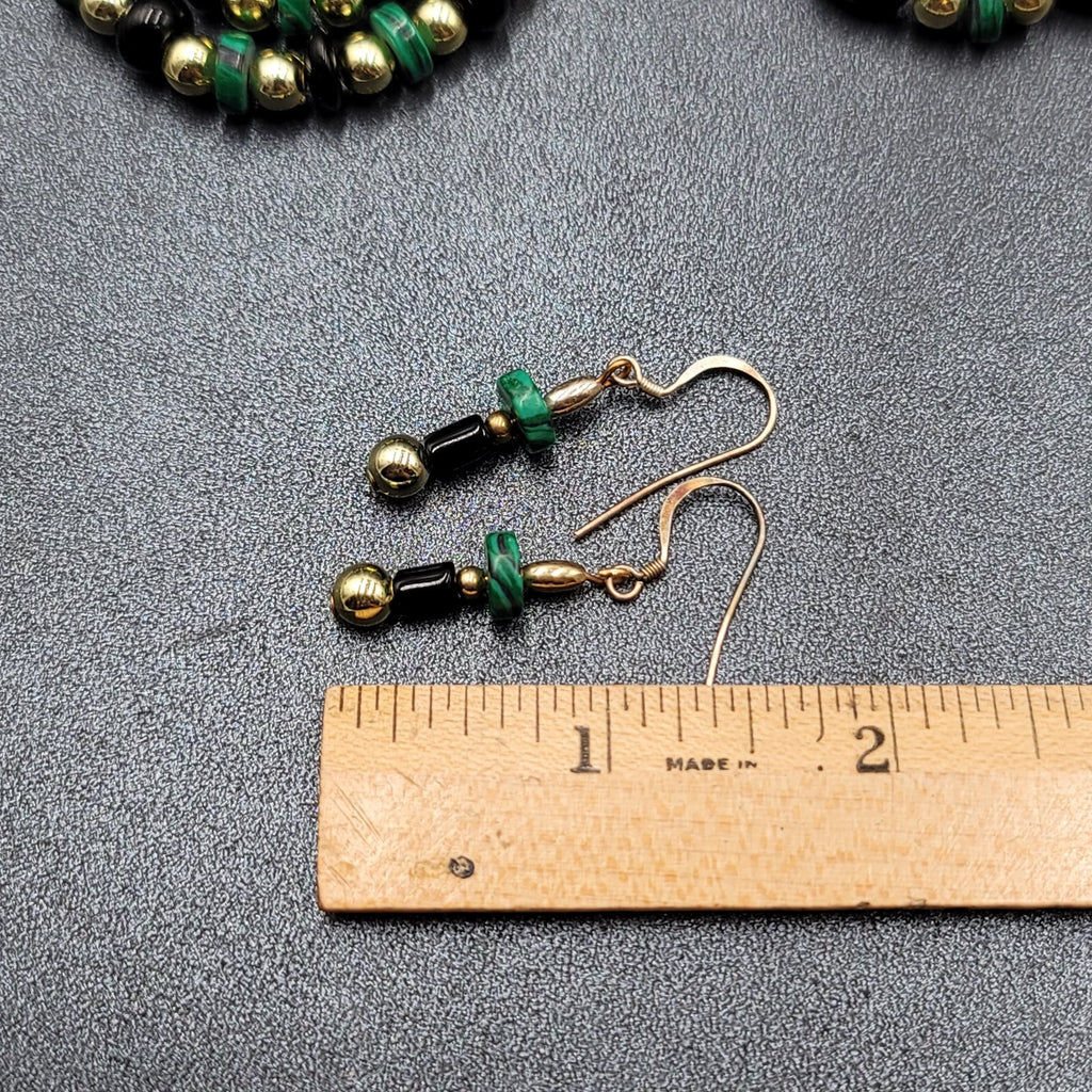 Beaded Necklace Gold tone Faux Malachite Bracelet Earrings Set Jewelry Set 52"