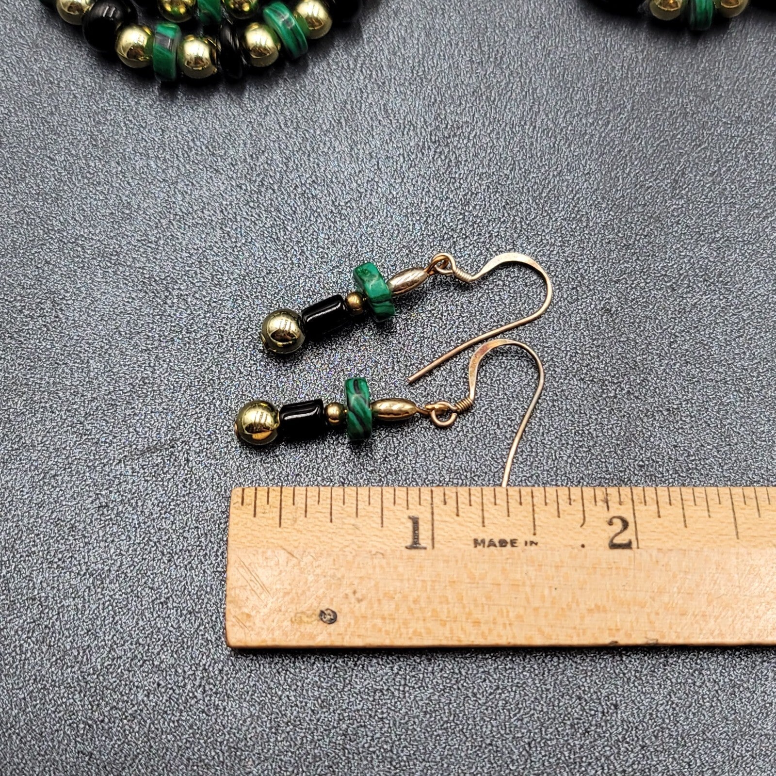 Beaded Necklace Gold tone Faux Malachite Bracelet Earrings Set Jewelry Set 52"