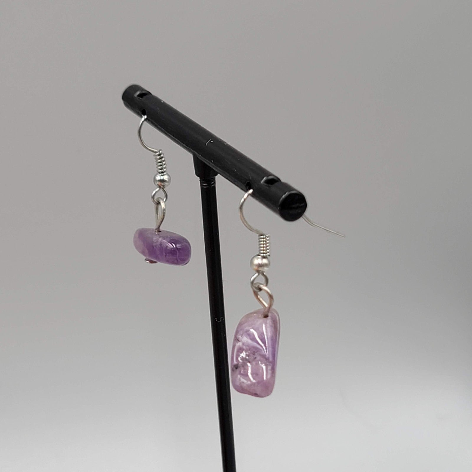 Vintage Polished Amethyst Stone Bead Pierced Earrings Silver tone Dangle  1/2 in
