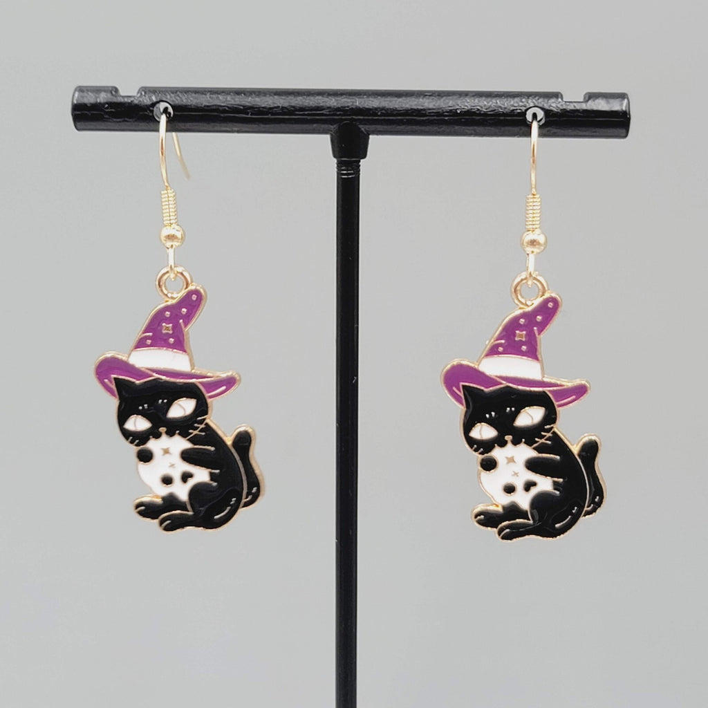 Black Cat Witch Pierced Earrings Enamel Gold tone Dangle New 1.25"