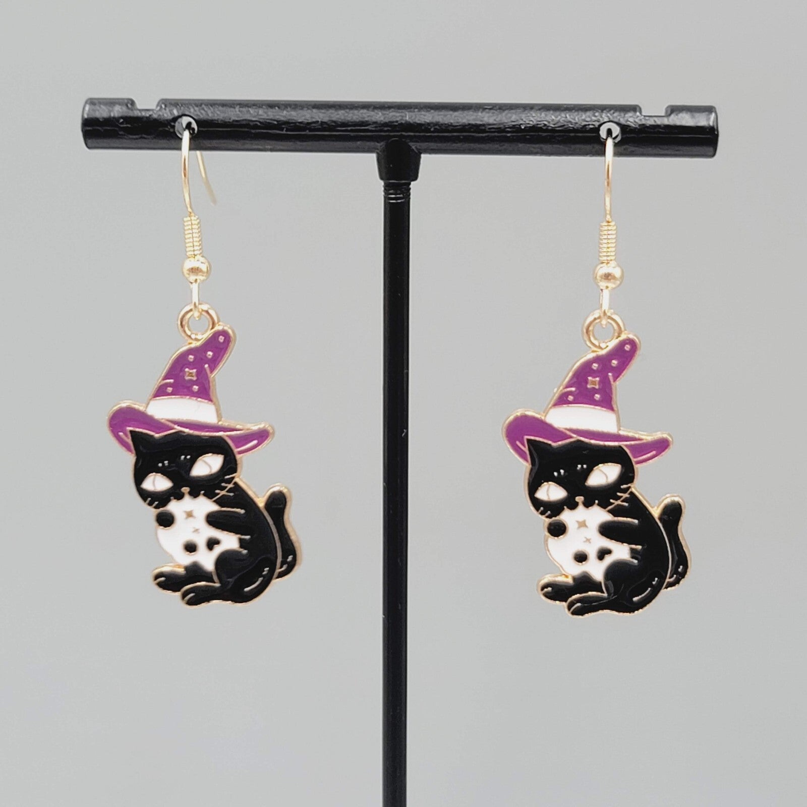 Black Cat Witch Pierced Earrings Enamel Gold tone Dangle New 1.25"