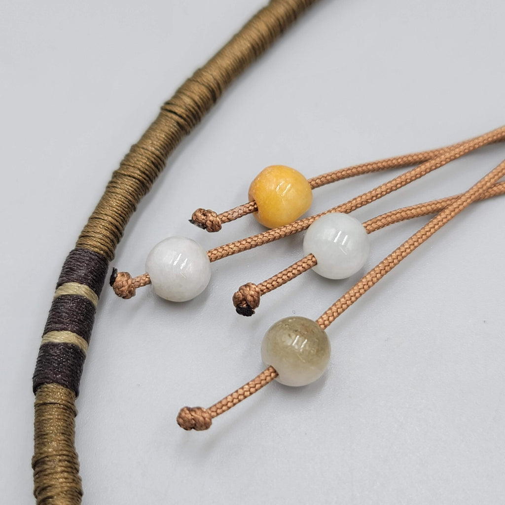 Artisan Green Yellow Stone  Bead Pendant Boho Necklace Adjustable Thread Wrapped