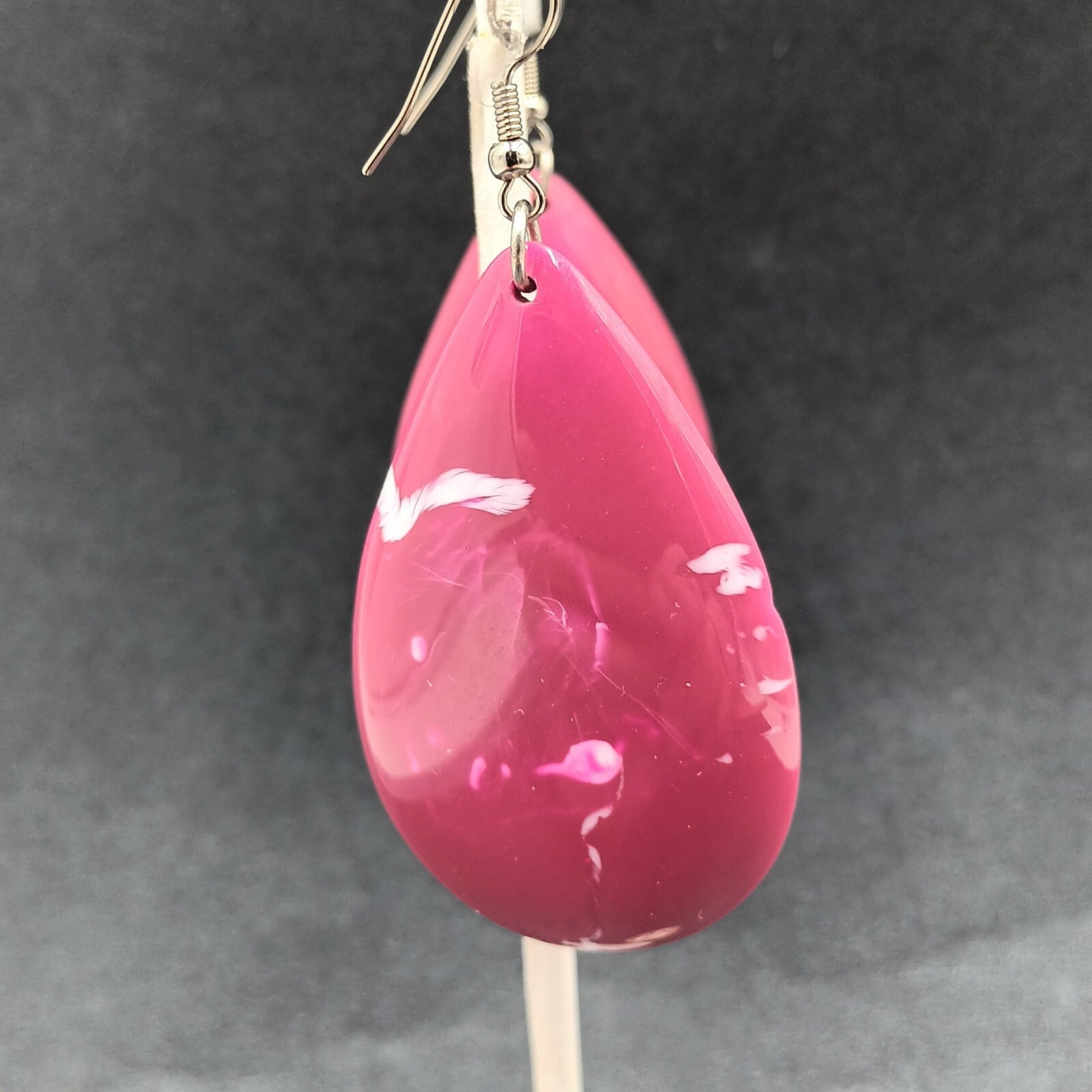 Pierced Earrings Pink Swirl Acrylic Teardrop Silver tone Hook Dangle 2 1/4"