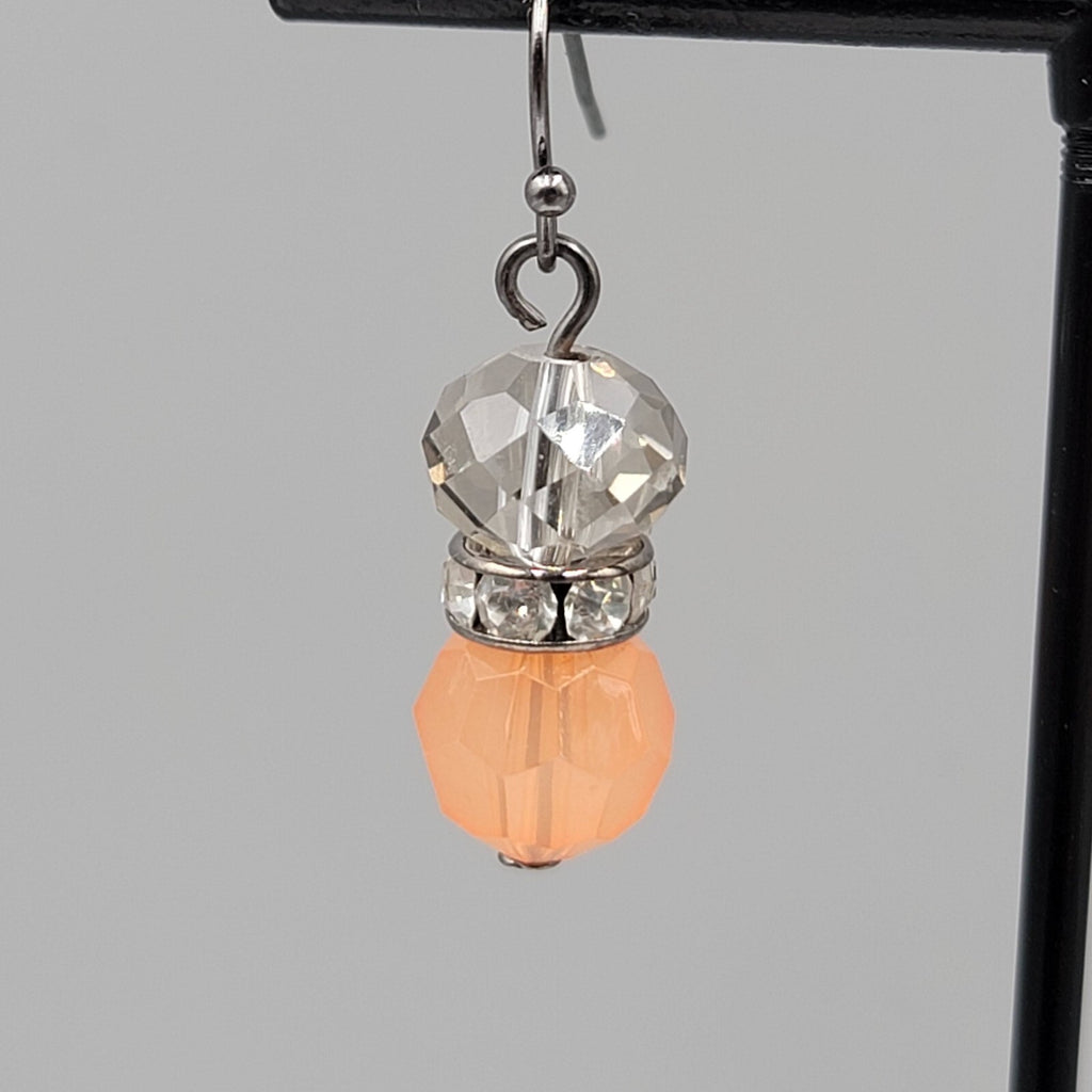 Pierced Earrings Black Metal Peach Clear Crystal Faceted Beads Dangle 1"