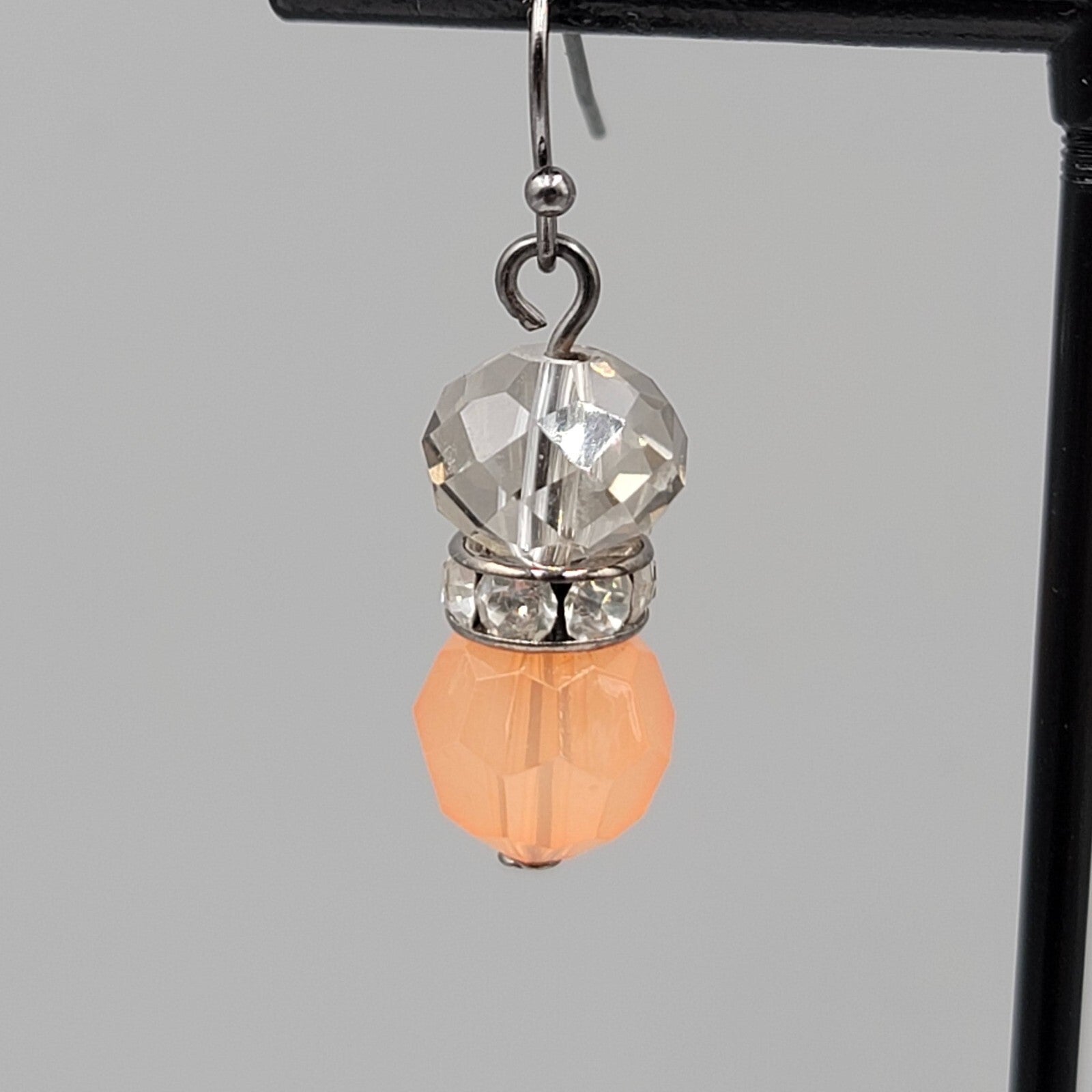 Pierced Earrings Black Metal Peach Clear Crystal Faceted Beads Dangle 1"