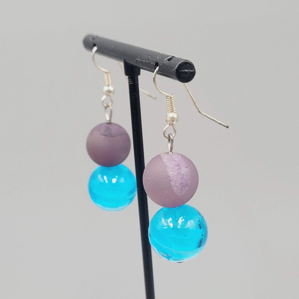 Purple Blue Art Glass Bead Pierced Earrings Silver tone 1.25"