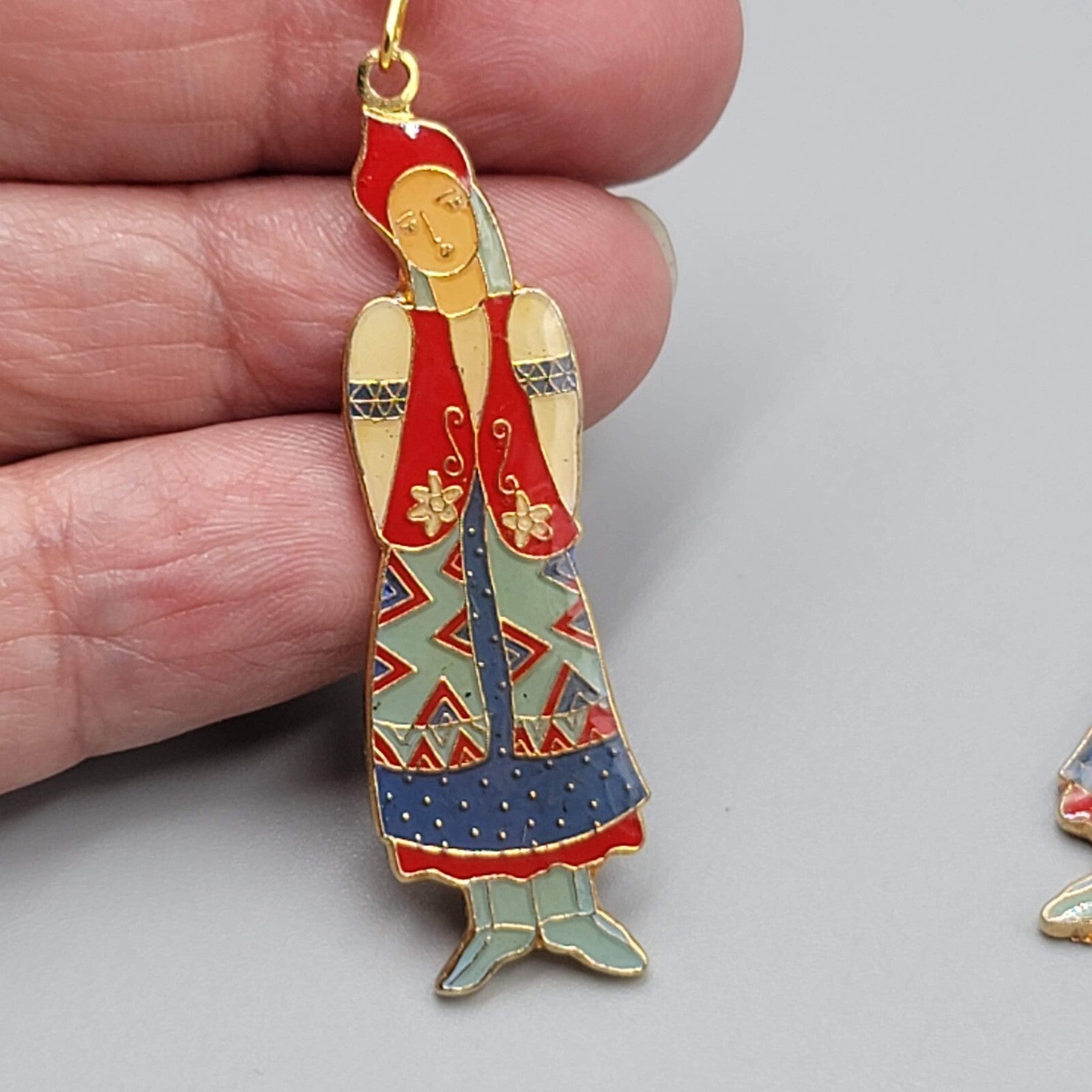 Vintage Pierced Earrings Russian Folk Dress Lady Woman Figure Dangle 2"