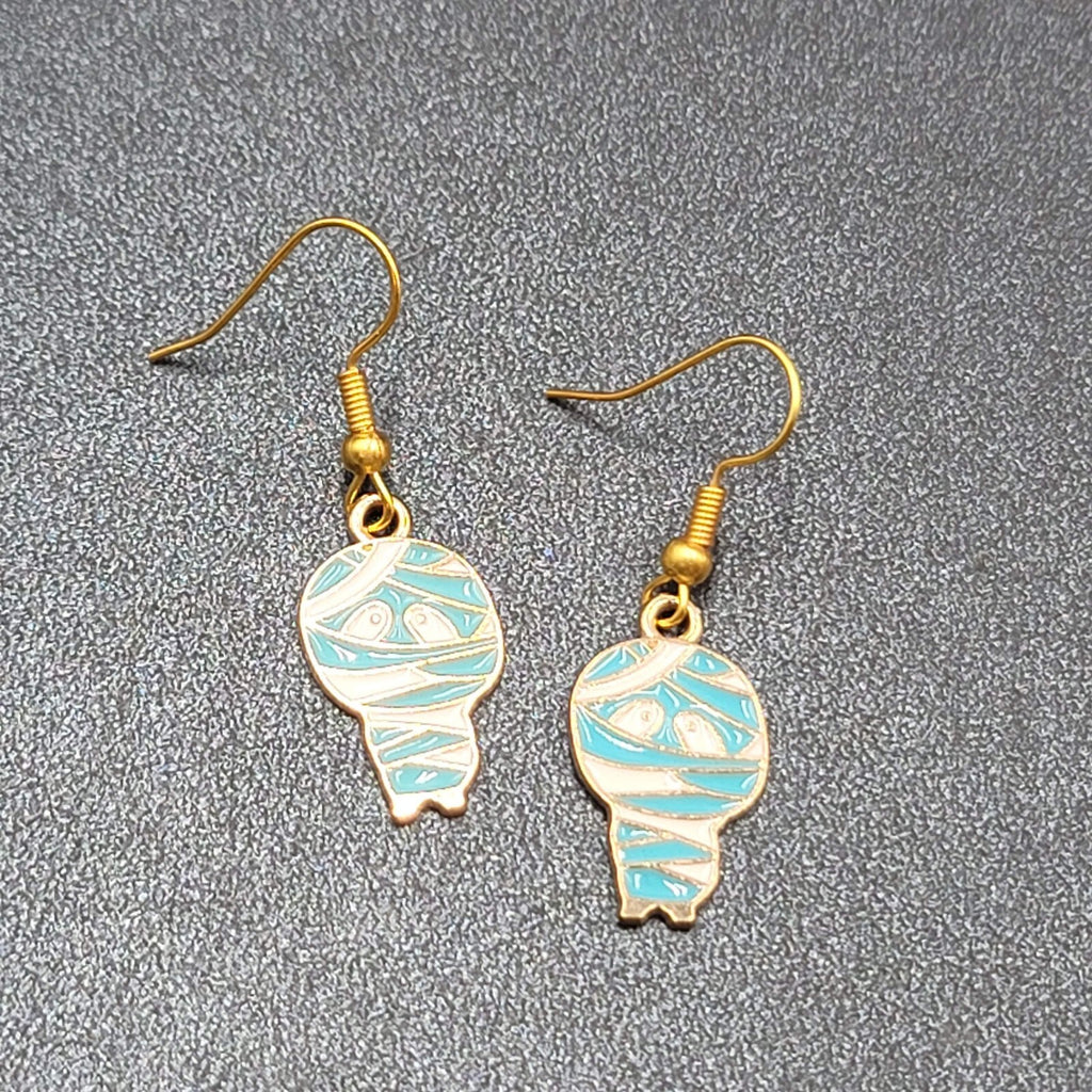 Halloween Mummy Pierced Earrings Gold tone Enamel Dangle 7/8"