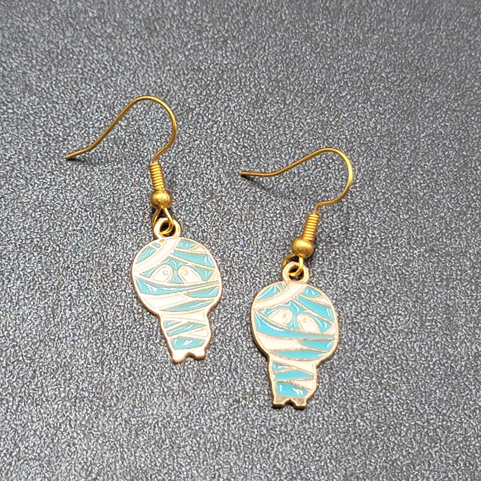 Halloween Mummy Pierced Earrings Gold tone Enamel Dangle 7/8"