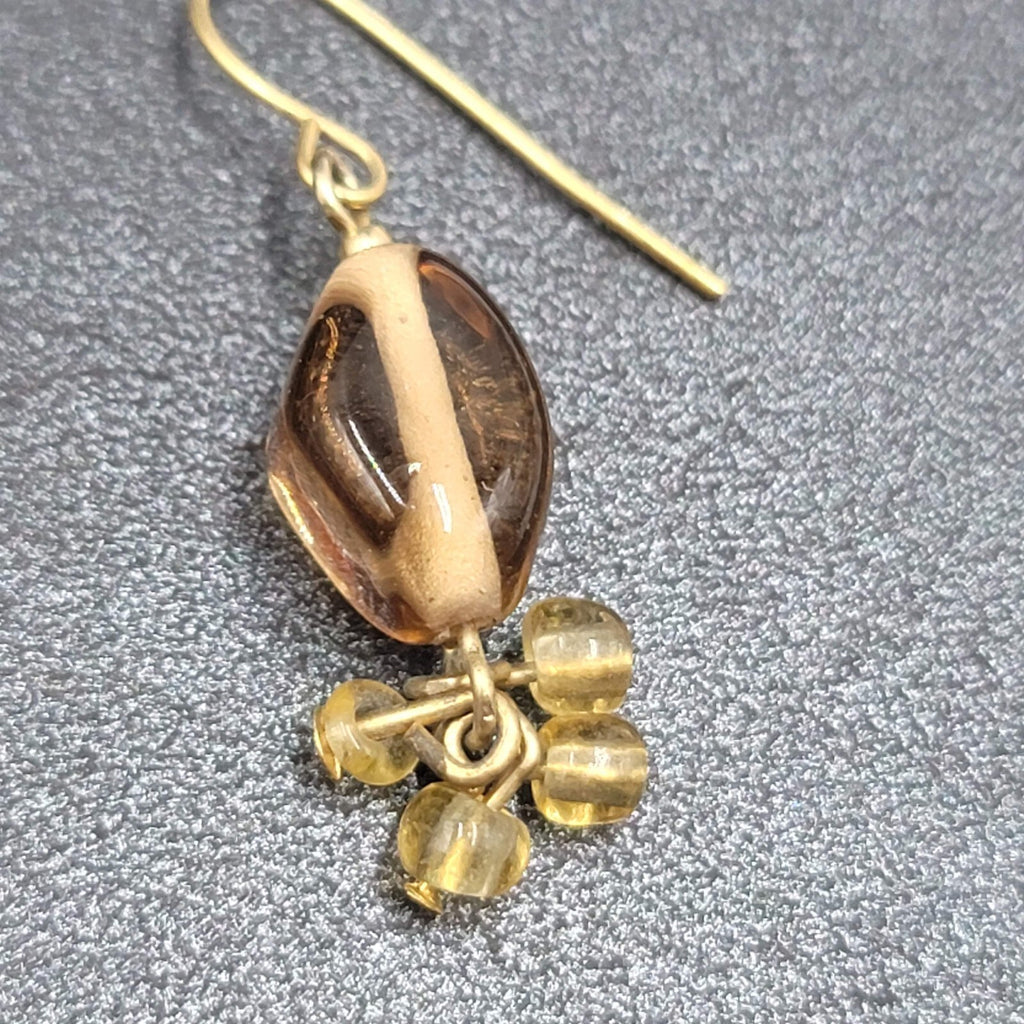 Pierced Earrings Gold tone Amber Color Glass Beads Dangle 1"