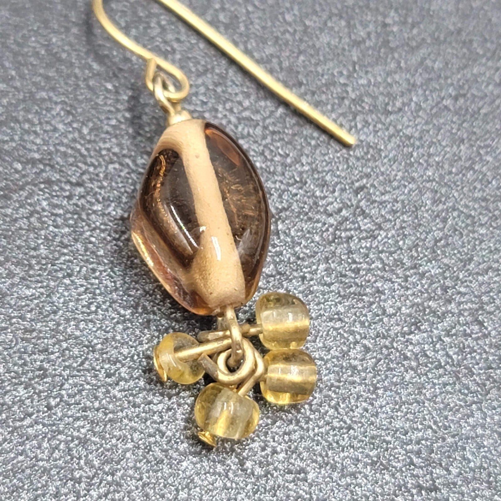 Pierced Earrings Gold tone Amber Color Glass Beads Dangle 1"