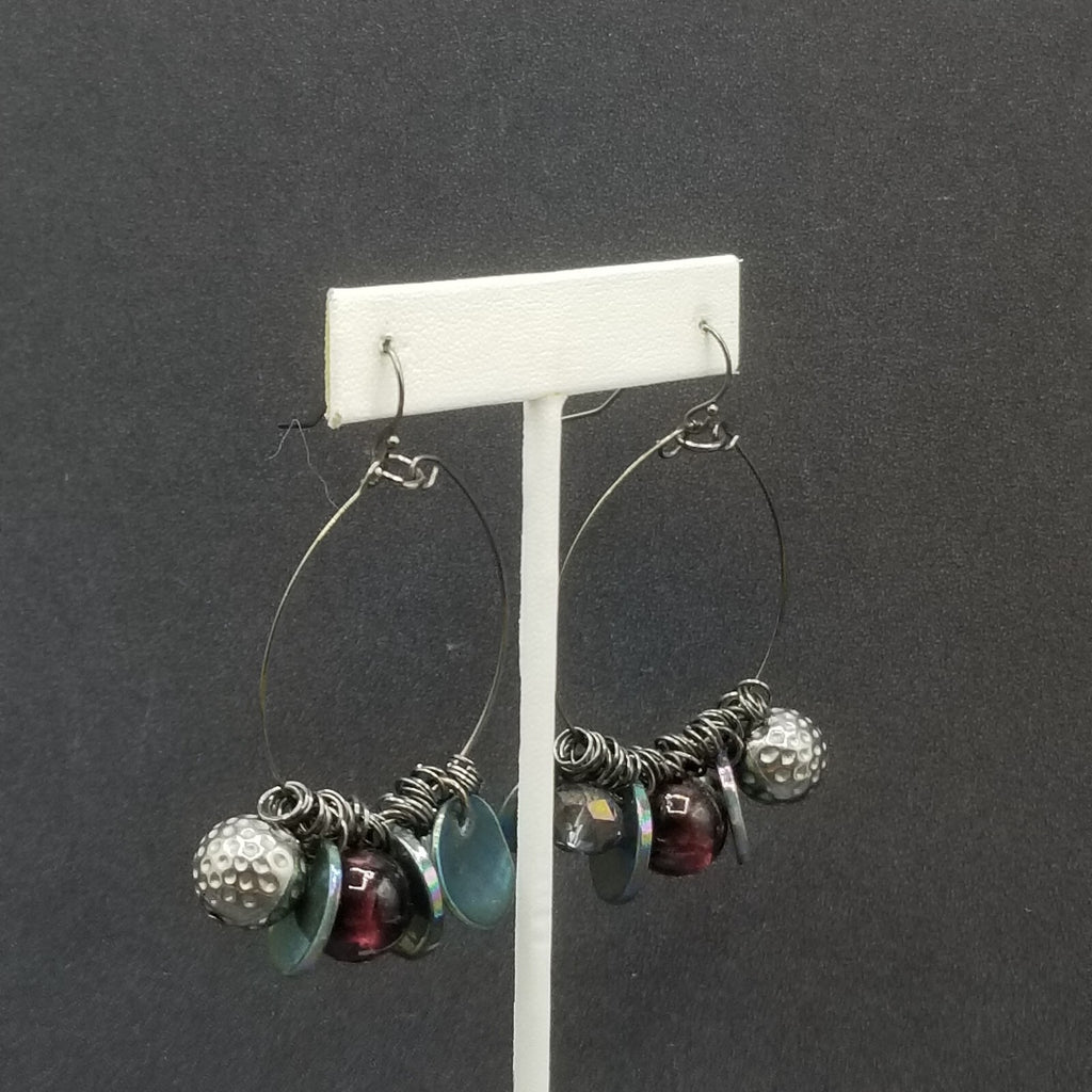 Pierced Earrings Black Wire Loop Acrylic Metal Charm Dangle 2 1/4"