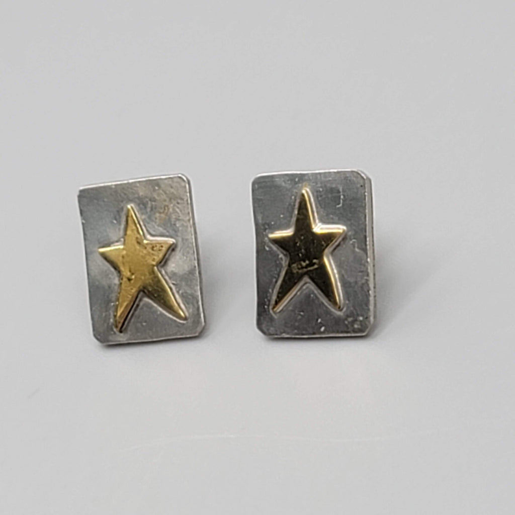 Vintage Don Miller Pierced Earrings Brass Pewter Star Rectangle Studs 1/2"