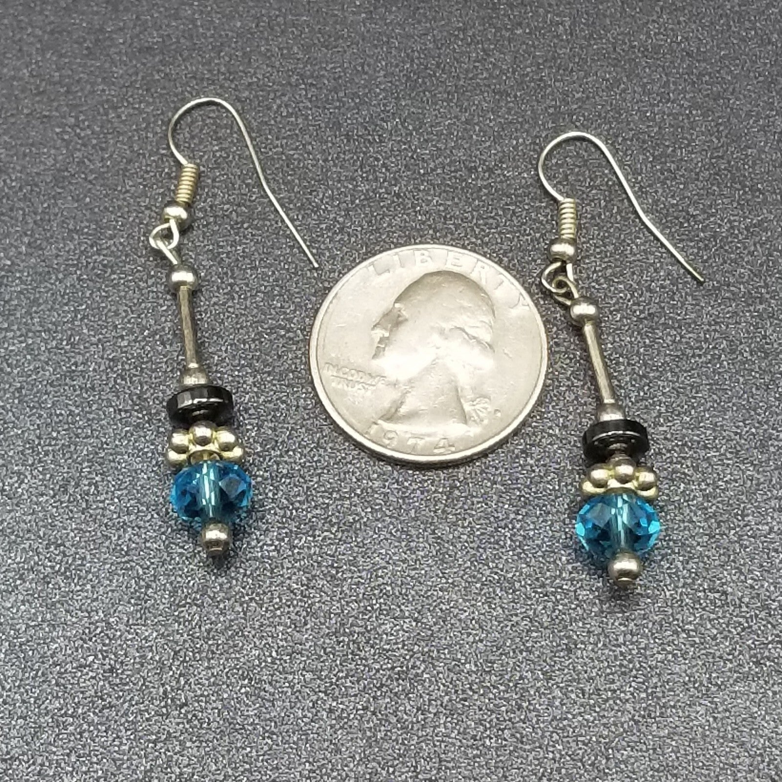 Pierced Earrings Silver tone Blue Faceted Crystal Hematite Bead Dangle 1 1/4"