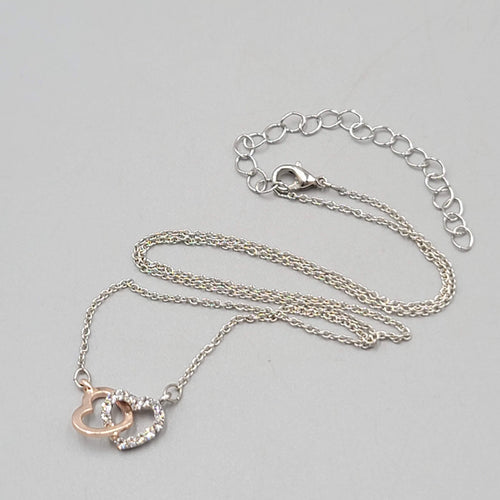 Double Heart Necklace Silver tone Two Toned Crystal 18"