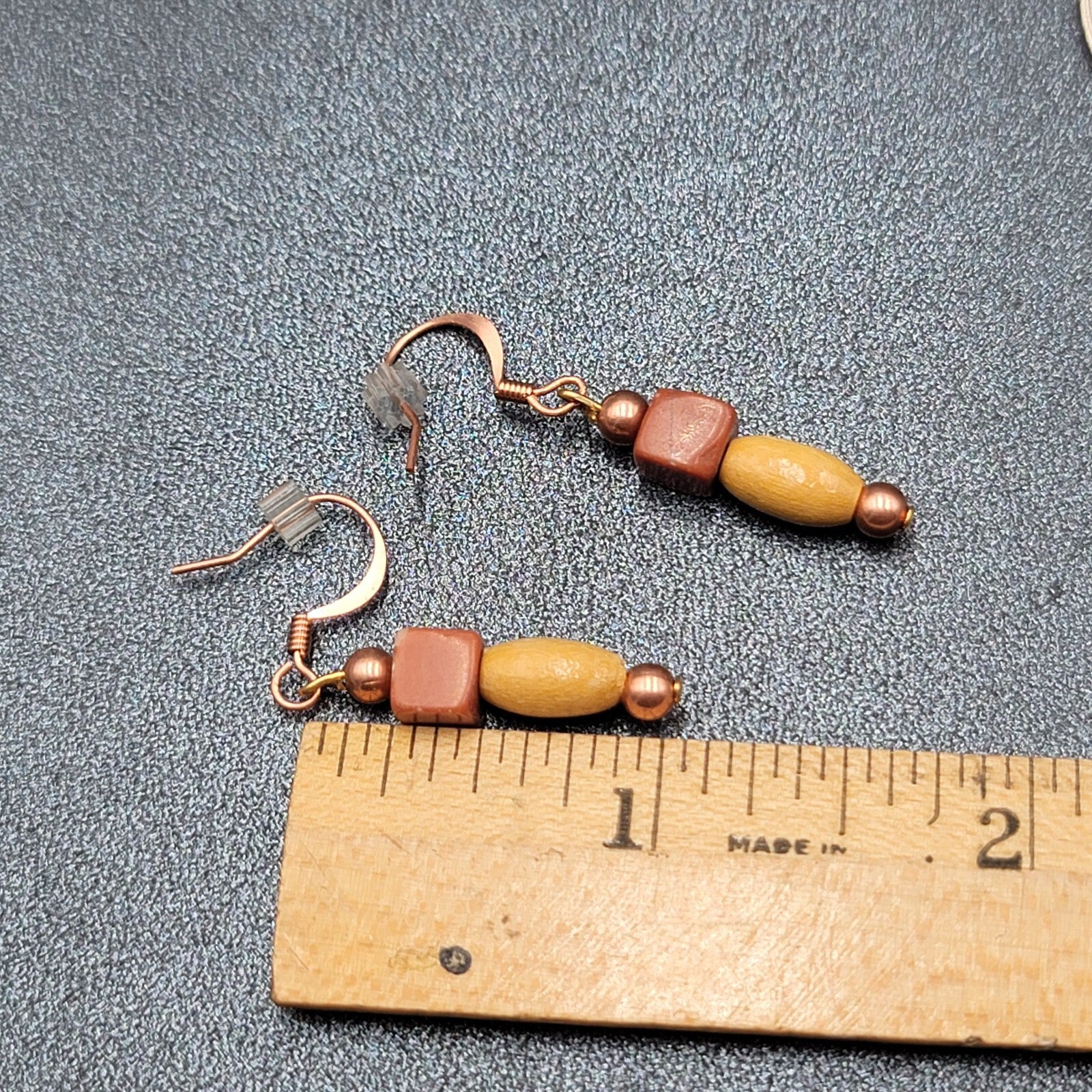 Pierced Earrings Red Stone Wood Bead Copper tone Dangle  1"