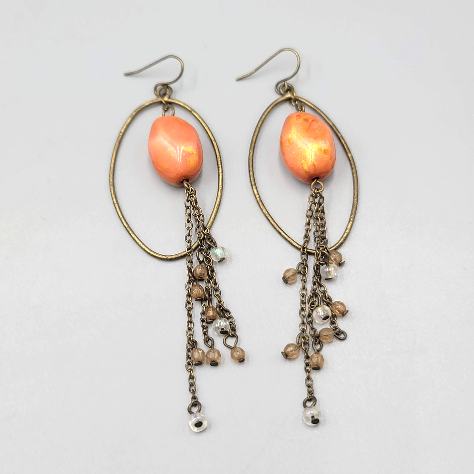 Dangle Chains Pierced Earrings Bronze tone Orange Bead Long 3.25 in