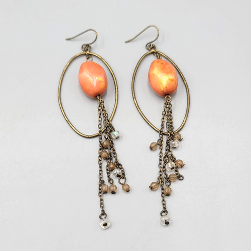 Dangle Chains Pierced Earrings Bronze tone Orange Bead Long 3.25 in