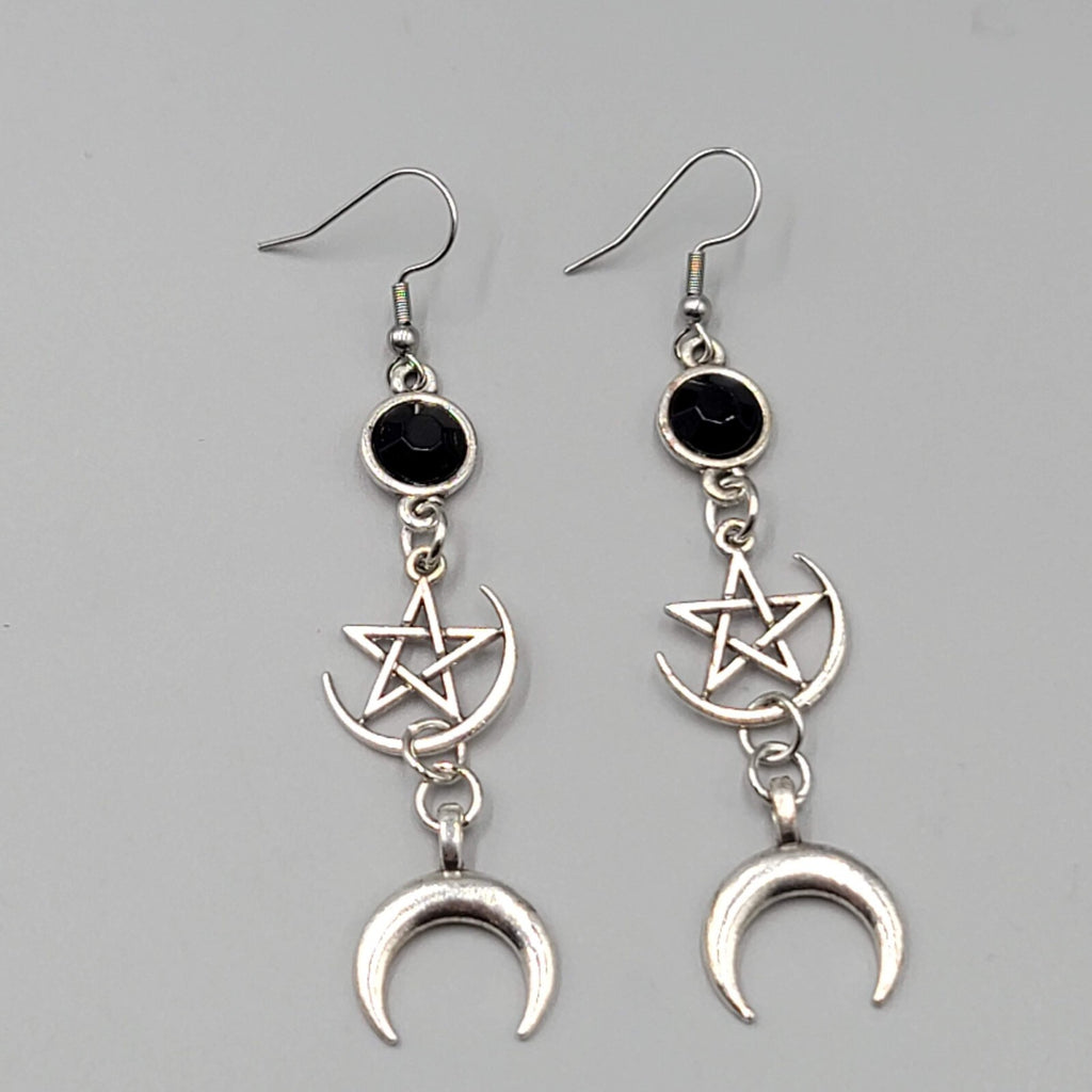 Pentagram Moon Pierced Earrings Black Accent Silver tone Long Dangle 2.5"