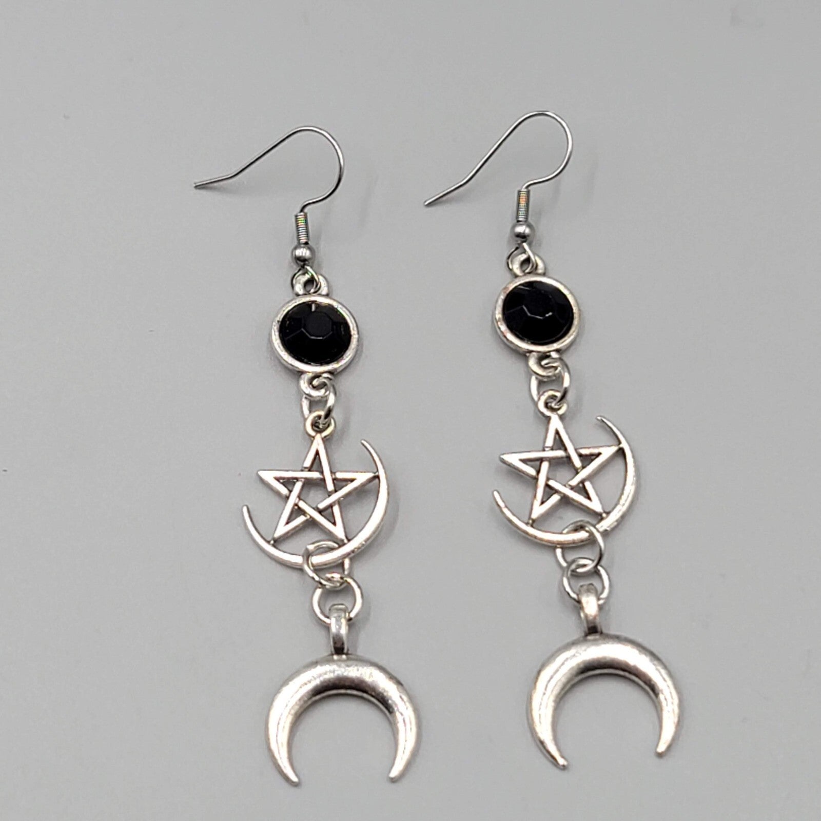 Pentagram Moon Pierced Earrings Black Accent Silver tone Long Dangle 2.5"