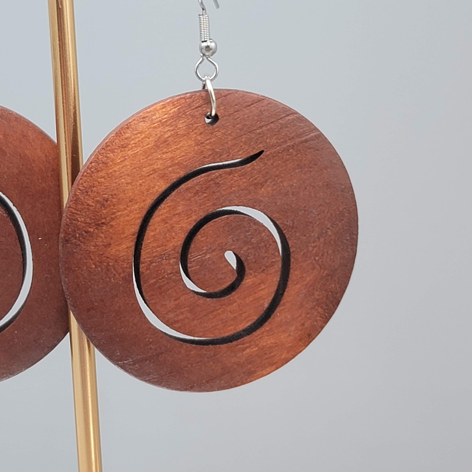 Wood Cut Large Round Swirl Boho Pierced Earrings Silver tone Dangle 2 in