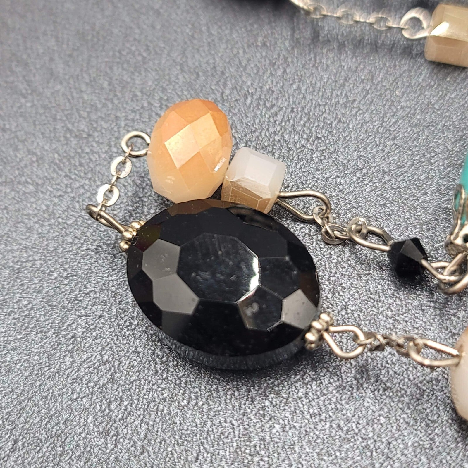 Blue Black White Stone Station Beaded Necklace Silver tone Layered  24"