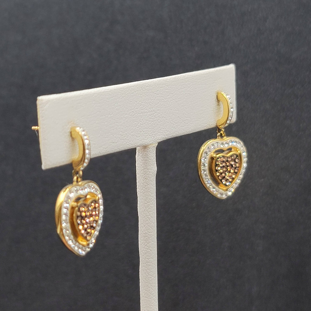 Sterling Silver Pierced Earrings Gold Plated Crystal Heart Dangle 1" 925