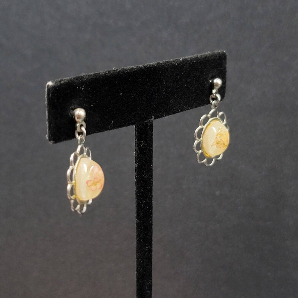 Vintage Real Flower Pierced Earrings Silver tone Dangle 7/8"