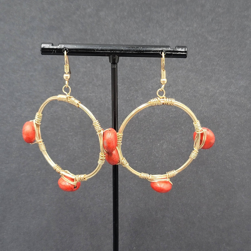 Pierced Earrings Gold tone Orange Stone Bead Dangle Hoops 1.75"