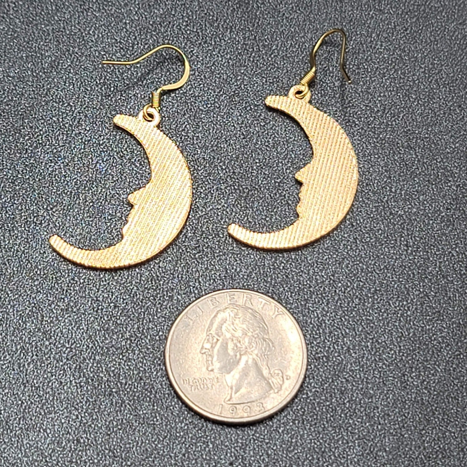 New Moon Pierced Earrings Gold tone Purple Enamel Dangle 1.25"