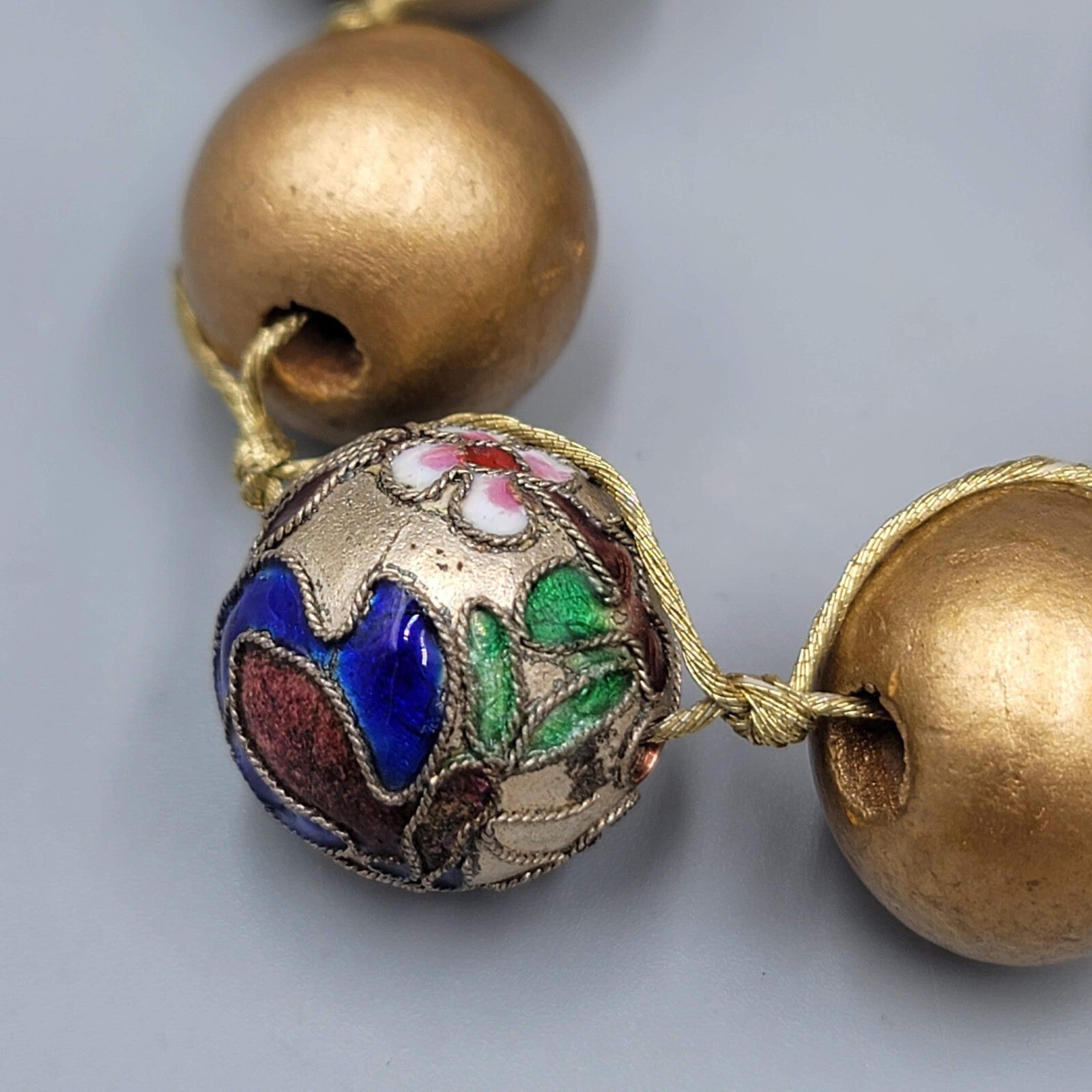 Vintage Cloisonne Bead Bracelet Wood Bead 6.5"