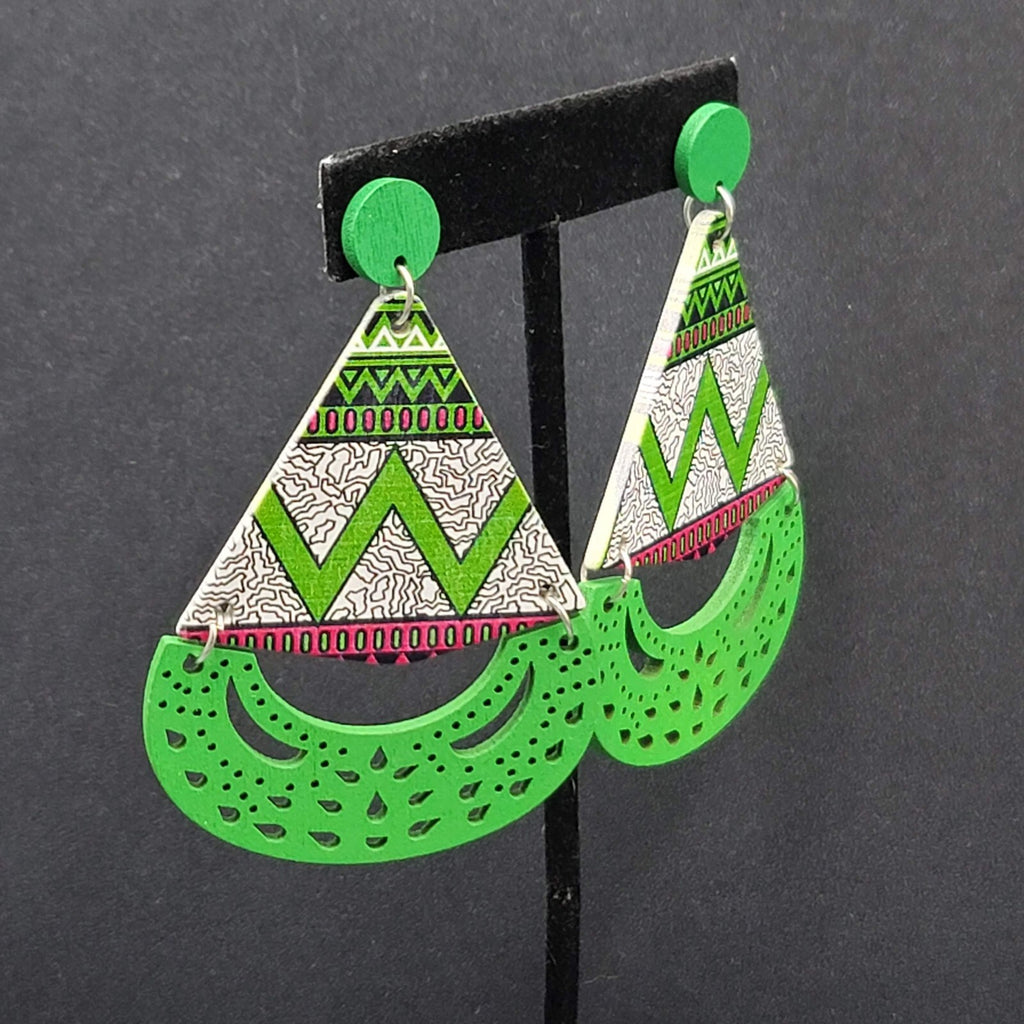 Pierced Earrings Green Multicolor Wood Statement Dangle Large 3"