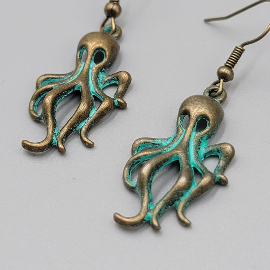 Octopus Beach Sea life Pierced Earrings Bronze tone Green wash Dangle 1 1/8"