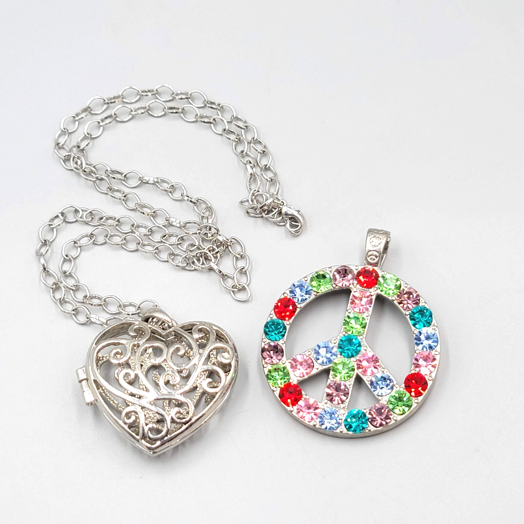Large Pendant Necklace Heart Locket Rhinestone Peace Sign Silver tone 30"