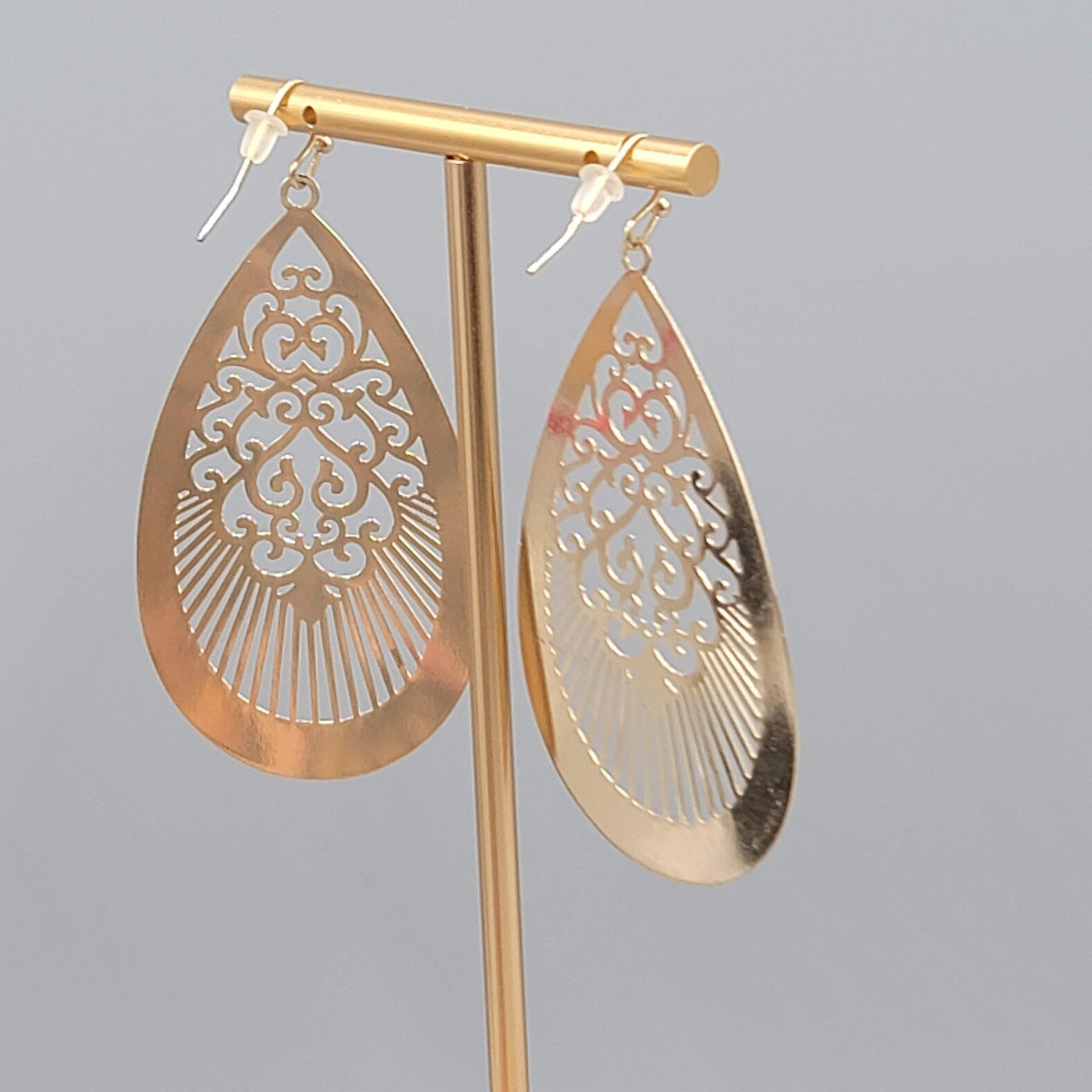 Large Gold tone Teardrop Pierced Earrings Open Work Dangle Thin 2.5"