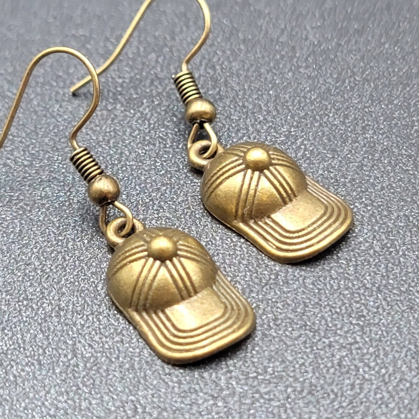 New Baseball Hat Pierced Earrings Bronze tone Dangle 3/4"