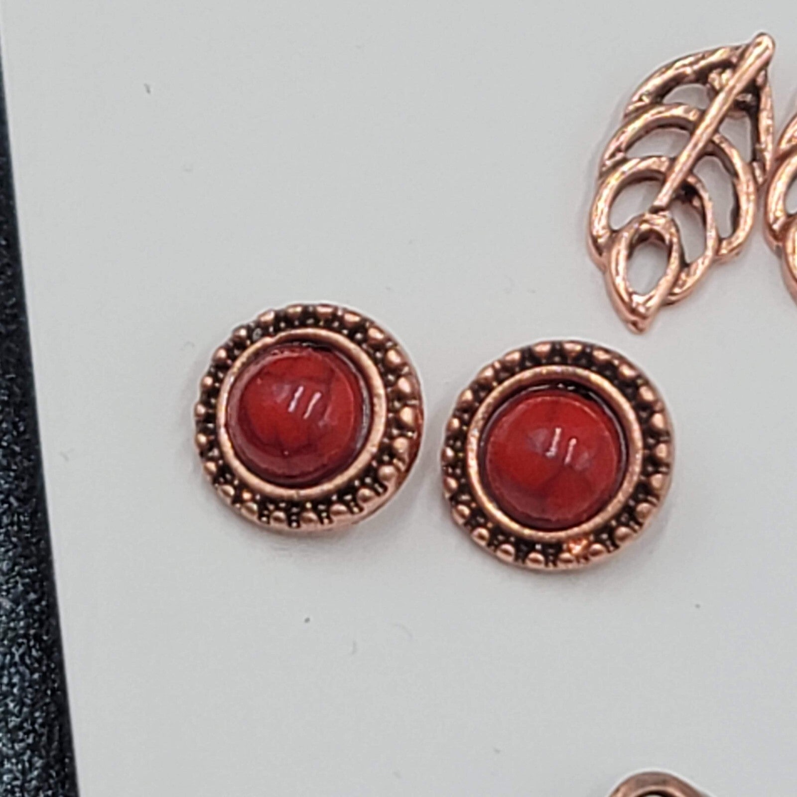 Pierced Earrings Copper tone Studs Open Heart Leaf Red Accent