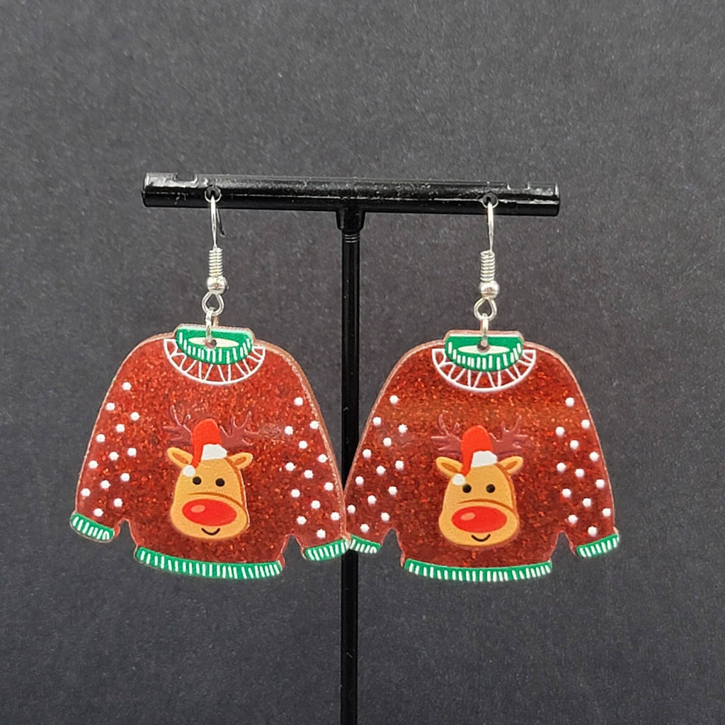 New Pierced Earrings Ugly Christmas Sweater Reindeer Dangle 1.5"